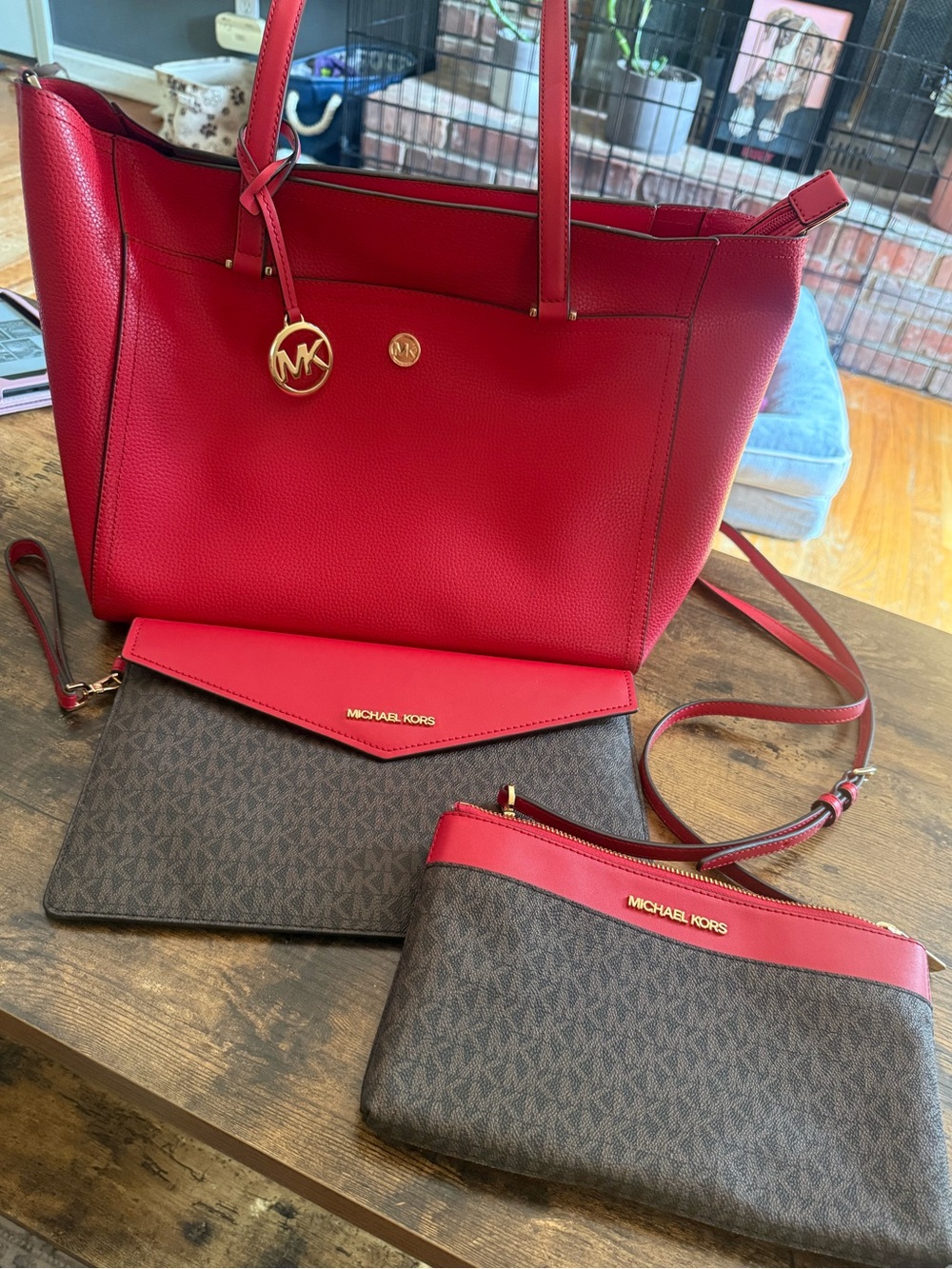 Michael Kors Red Tote Bag with Detachable Brown Crossbody Bag & Wristlet